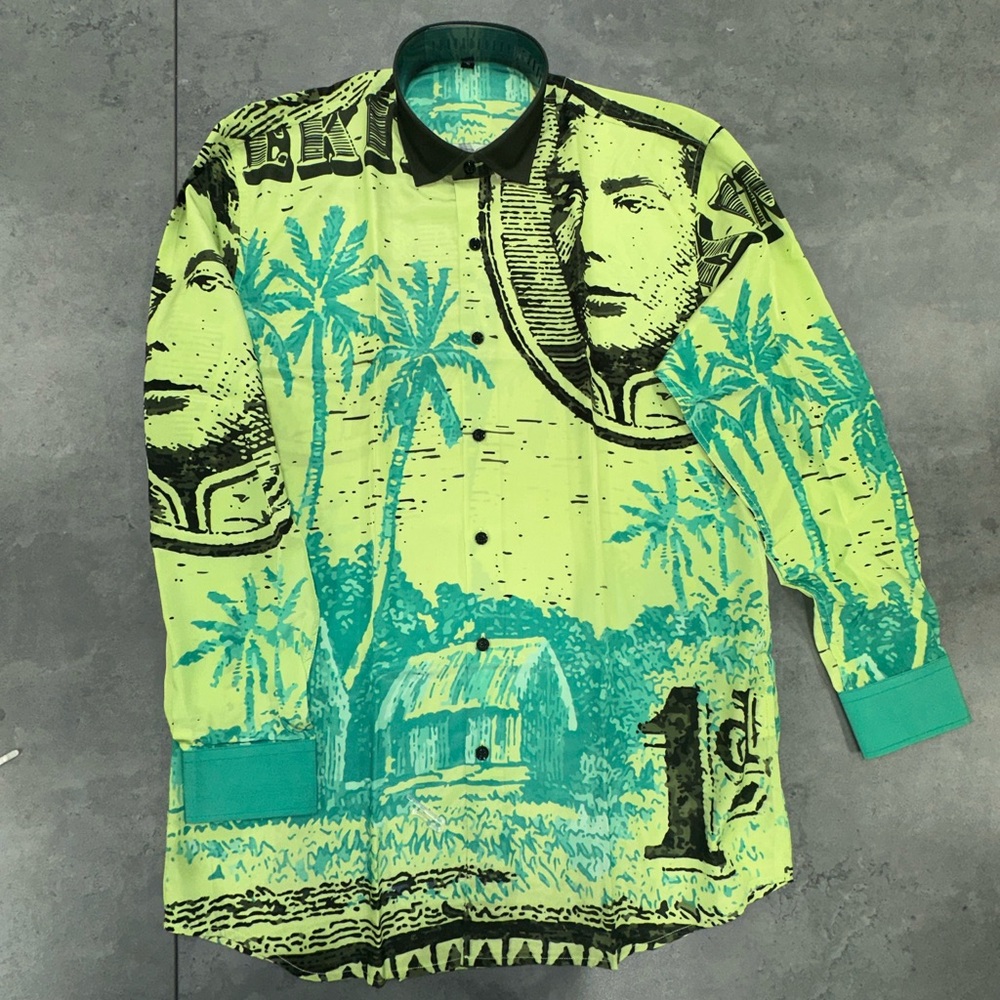 Neon Lime & Teal Graphic Money Print Button-Up Shirt